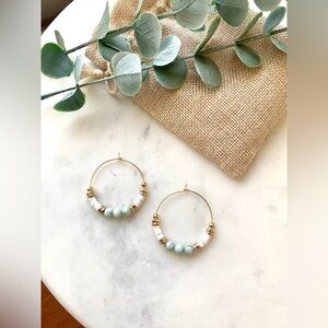 Turquoise, Gold and White Beaded Bohemian Gold Hoops